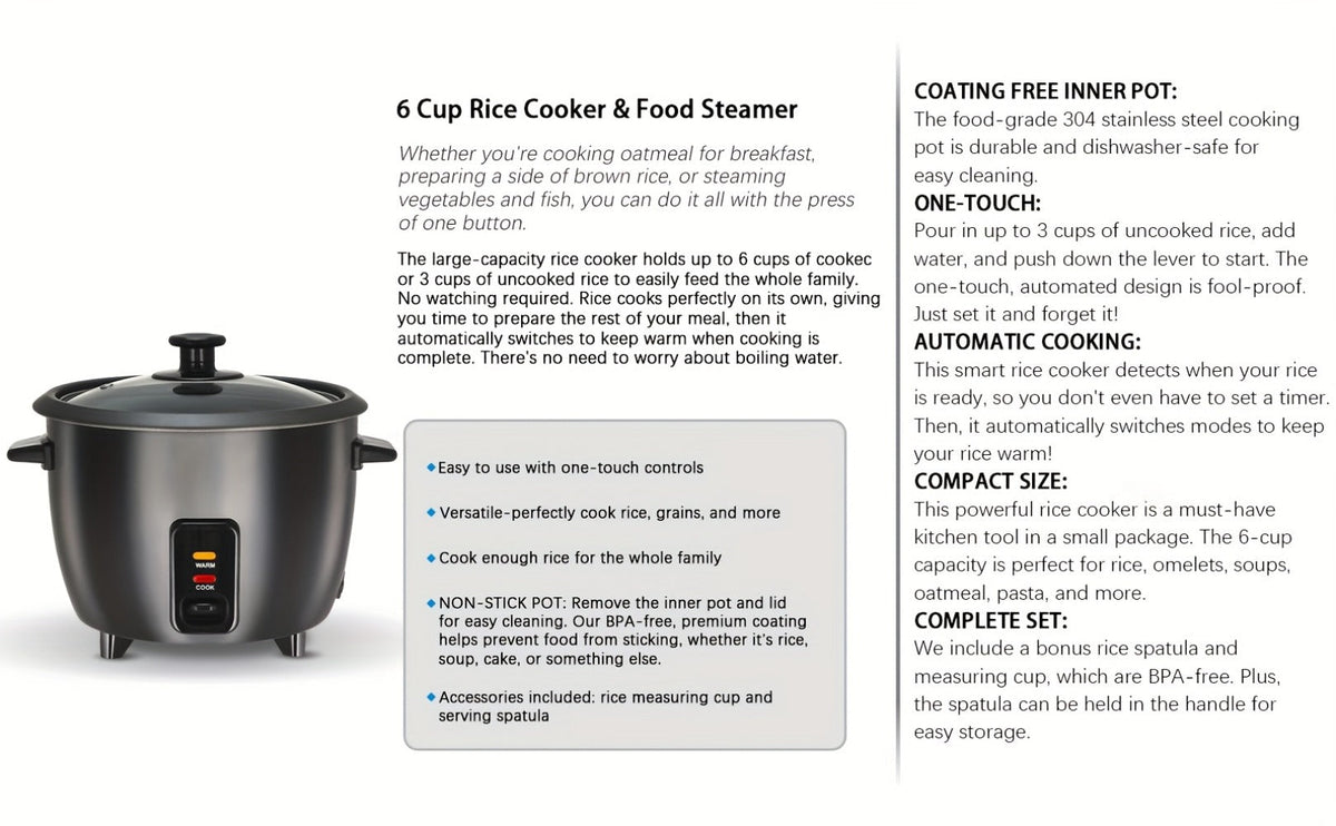 Rice Cooker 6-Cup Non-Stick with Yogurt Maker Function - 3-Cup Uncooked Grain Cooker with Removable Non-Stick Pot Auto Keep Warm One-Touch Operation, Compact Electric Rice Cooker for Home Dorm Office Black