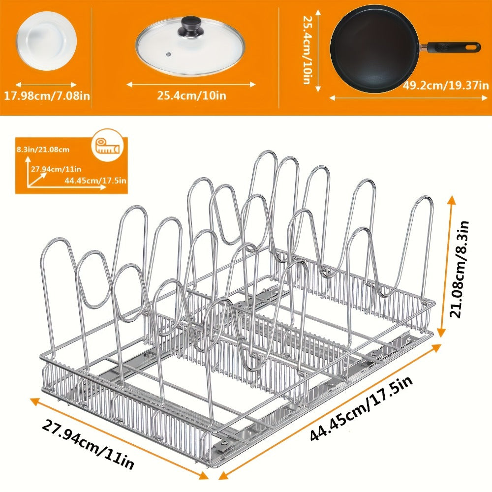Kitchen Organizer, Cabinet Pot & Pan Organizer Rack 10 Adjustable Dividers, 11"W x 17.5"D x 8.3"H, Chrome Steel Kitchen Storage