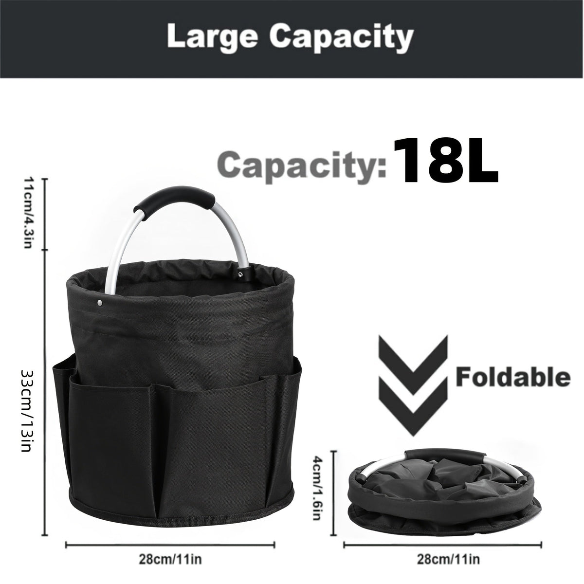 Foldable Cleaning Caddy Organizer 17L with Handle – Portable Collapsible Bucket Bag with 6 Pockets for Cleaning Supplies, Toiletries & Garden Tools, Multi-Purpose Home Travel Basket