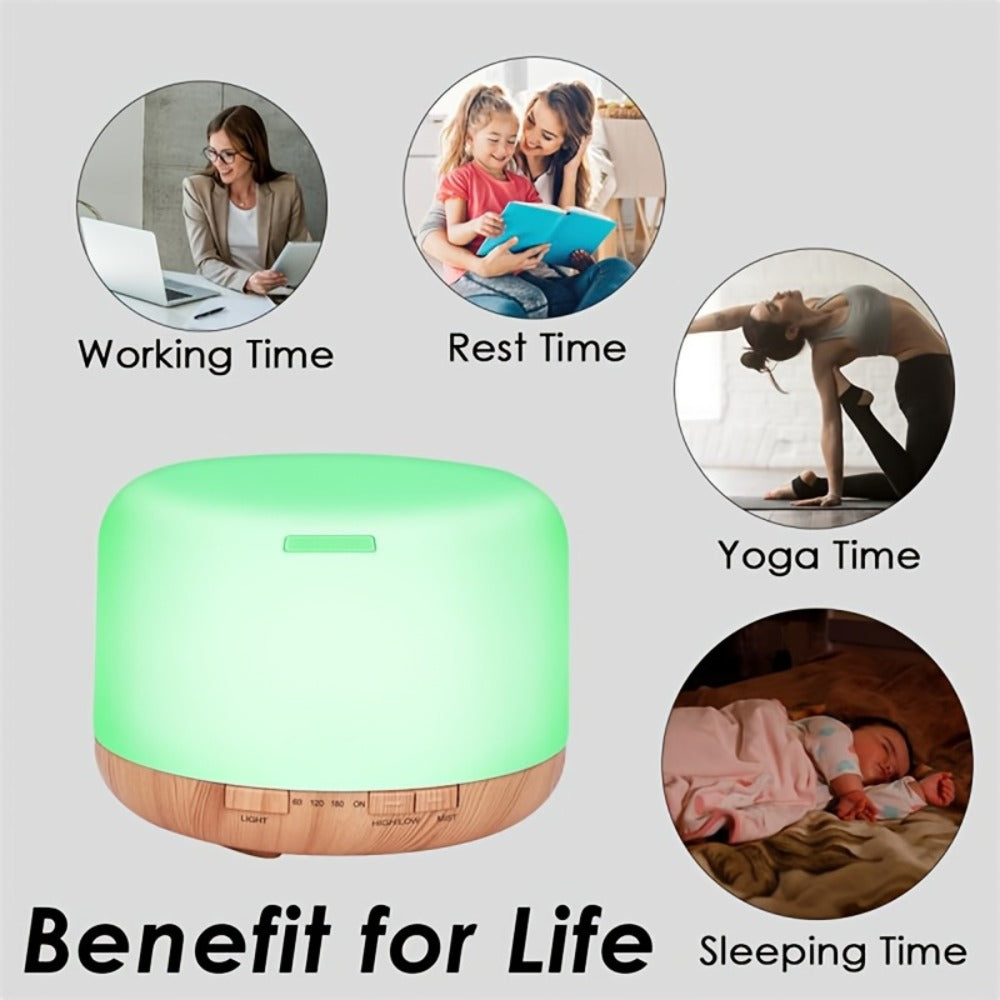 Oil Diffuser (16.91oz) in a Wood Grain Design for Home and Office with 7 Ambient LED Lights