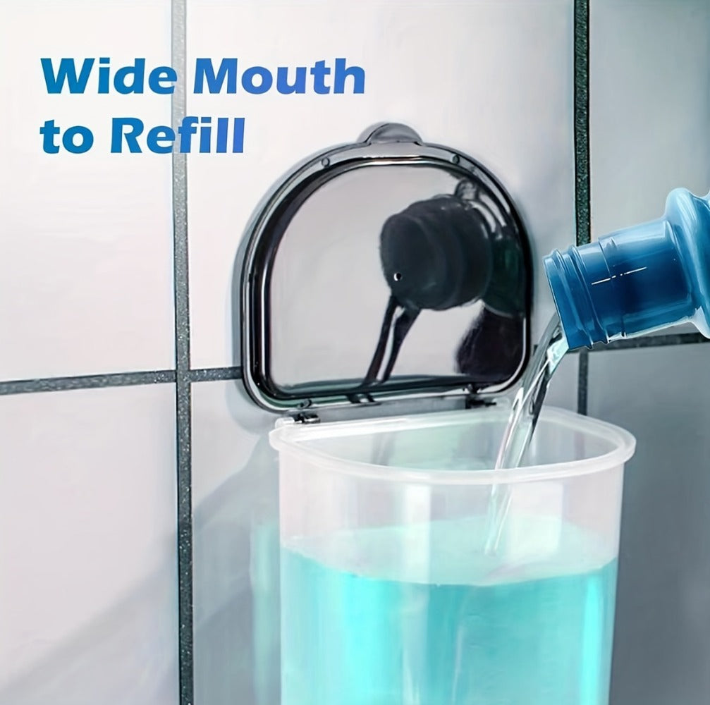 Mouthwash Dispenser with Wall Mounted 2-Pack 21 oz Plastic Container and Space Saving Bathroom Organizer for Countertop Storage