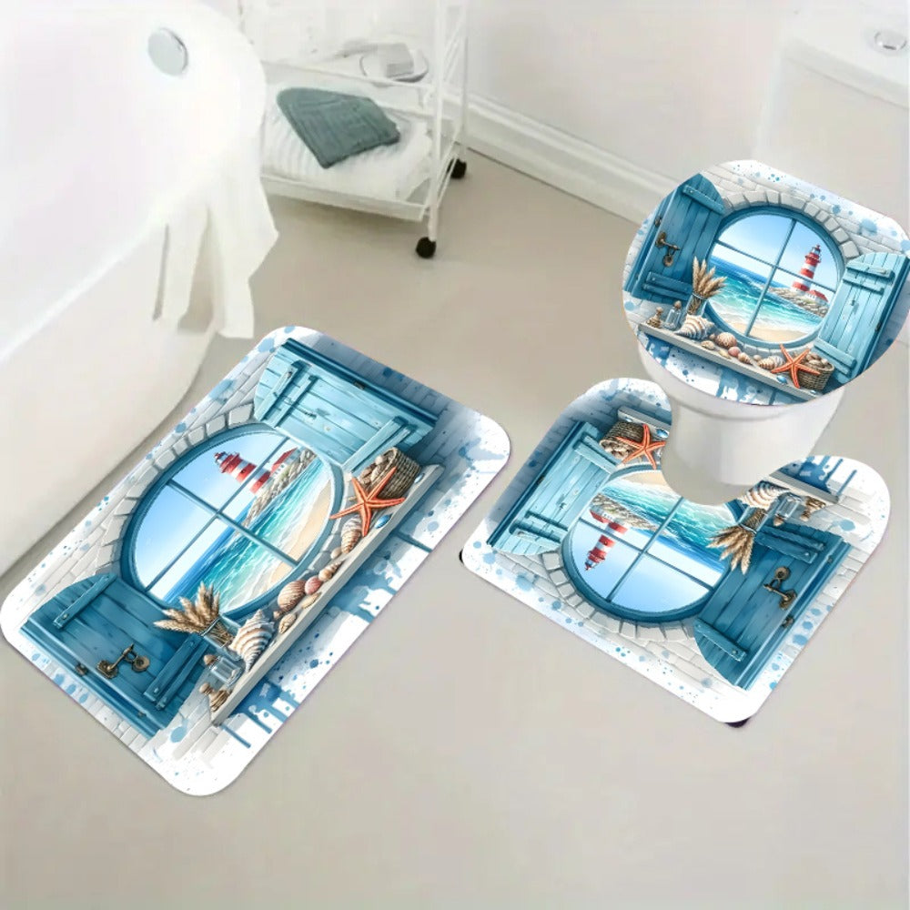 Shower Curtain Set, Ocean View Pattern Nautical Bathroom Decor, Toilet Seat Cover & 12 Hooks for Apartment Hotel