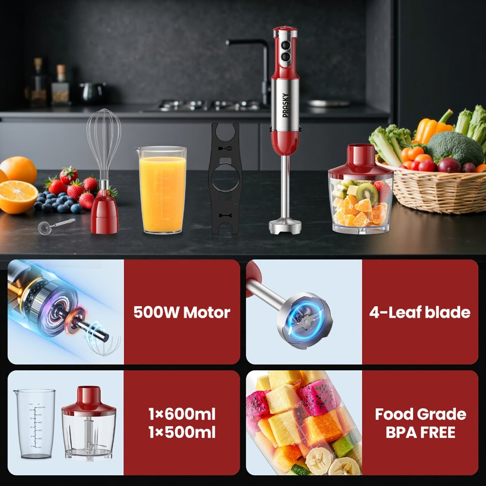 Immersion Blender with Meat Chopper and Measuring Cup Attachments