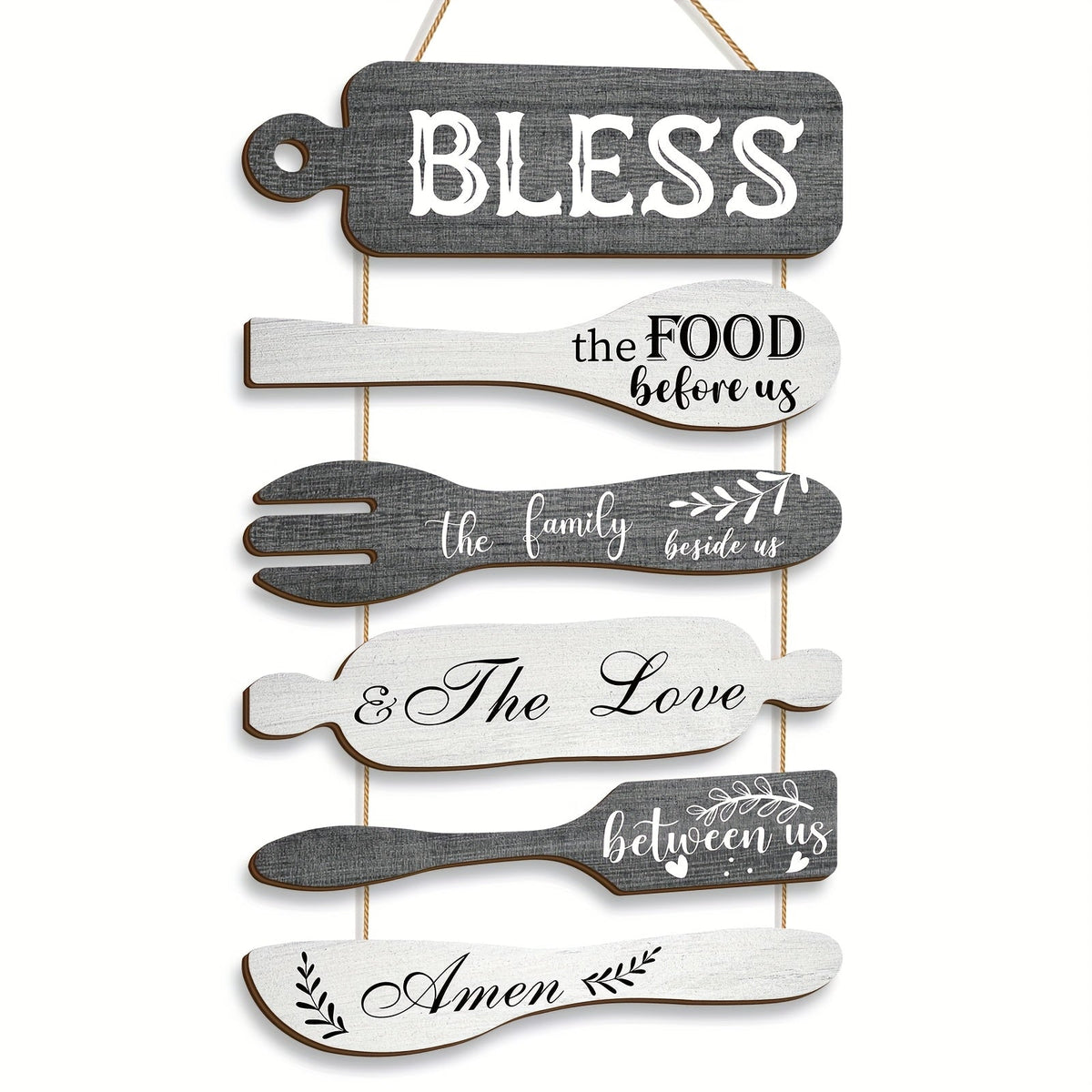 Farmhouse Wall Decor Wood Sign Set - "Bless The Food Before Us" Rustic Kitchen Dining Room Hanging Plaque, 6-Piece Rope Wood Board Art, Housewarming Thanksgiving Gift for Home