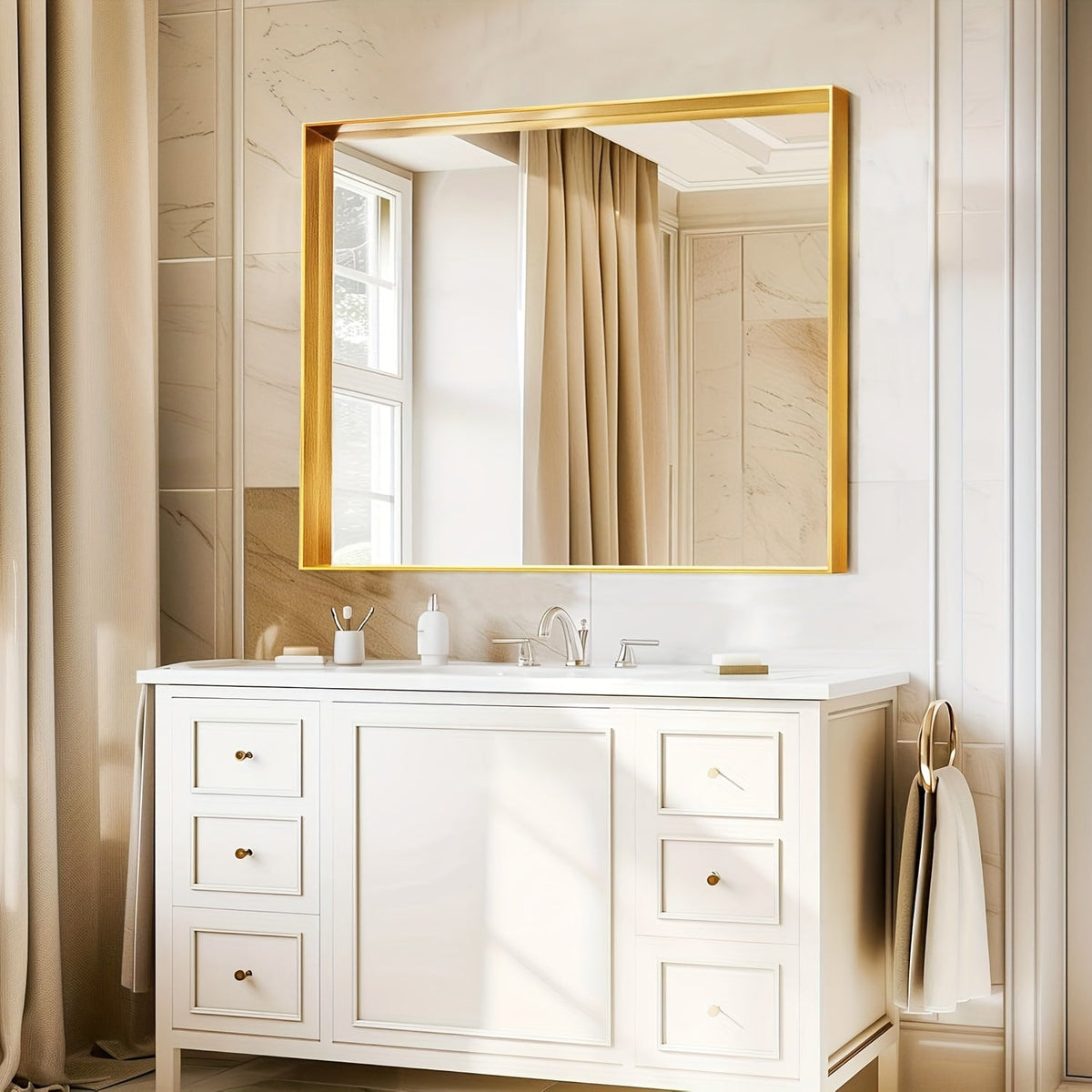 Bathroom Mirror with Rectangular Metal Frame, Horizontal or Vertical Wall Mounting in Three Finishes