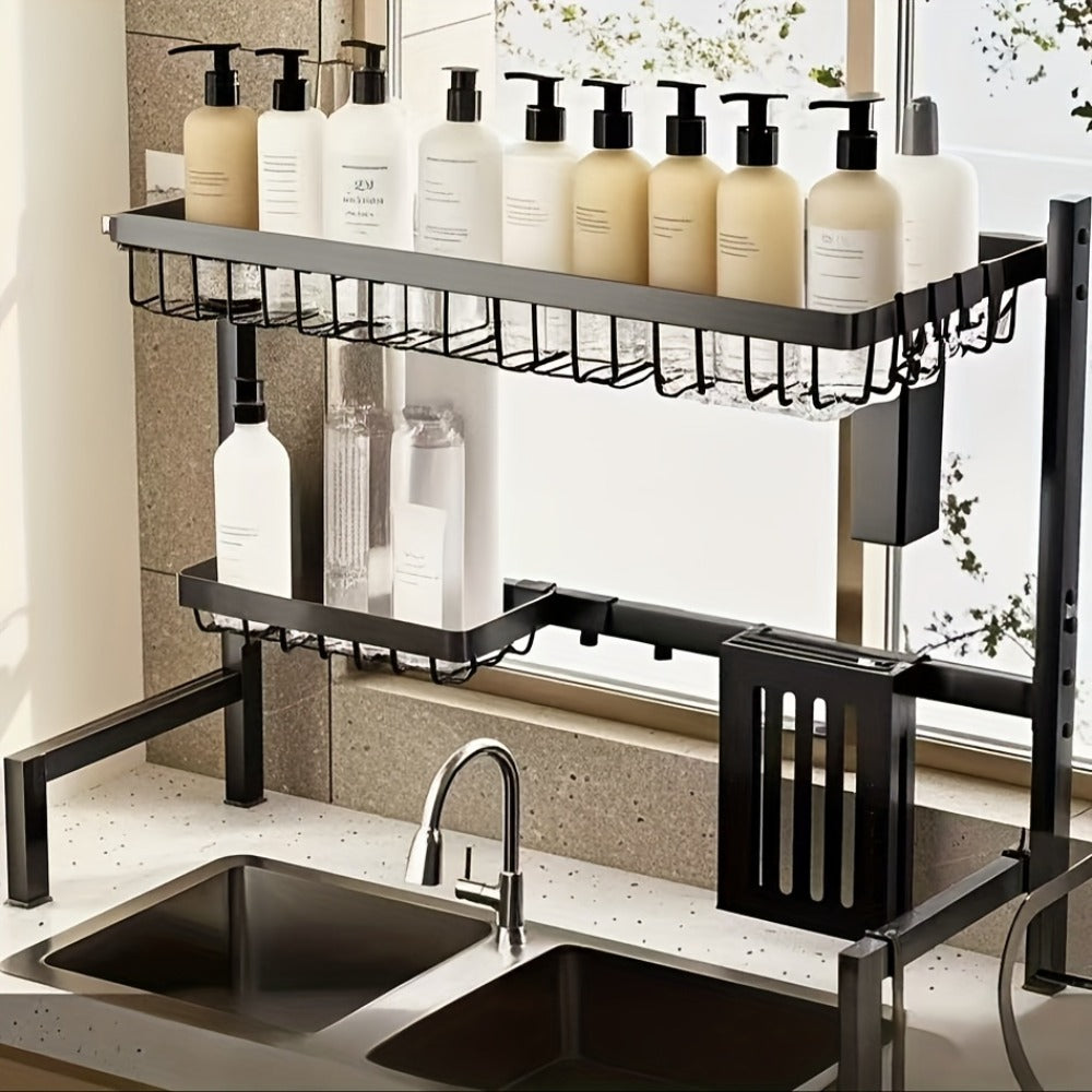 Over-the-Sink Dish Drying Rack, Adjustable Two-Tier 304 Stainless Steel Kitchen Organizer for 30 to 34-Inch Widths