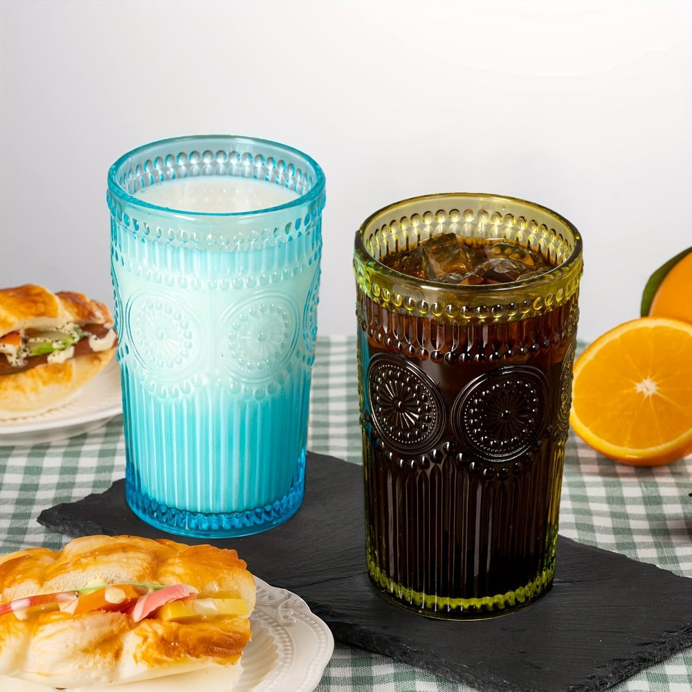 Vintage Drinking Glasses Set of 6 Colored Tumblers 14 oz – Embossed Geometric Pattern, 6 Muted Colors, for Water, Juice, Beer, Cocktails, Whiskey & Milk – Retro Barware Gift Set