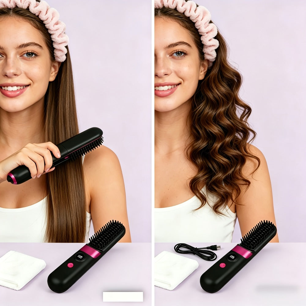 Wireless Hair Straightener Comb USB Rechargeable | Cordless Straightening Brush with Negative Ion, 3-Speed Temp Control, LED Display – Travel Hair Styler