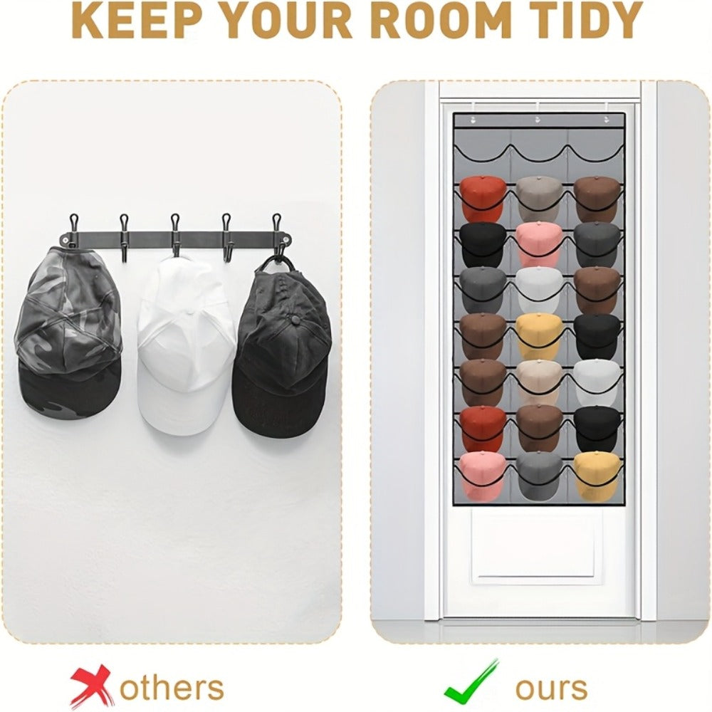 Hat Organizer, Baseball Cap Rack, Large Clear Pockets and 3 Hooks for Hat Storage Protection and Display in Closet