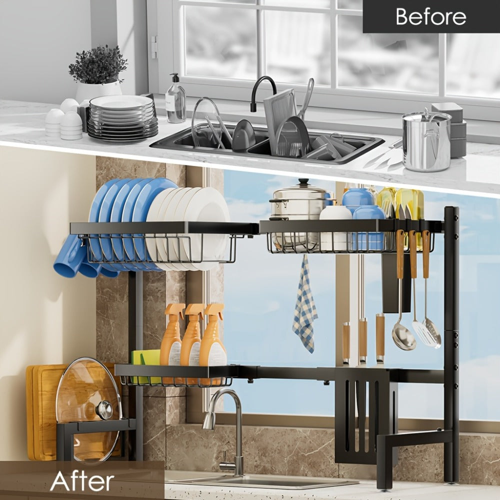 Over-the-Sink Dish Drying Rack, Adjustable Two-Tier 304 Stainless Steel Kitchen Organizer for 30 to 34-Inch Widths