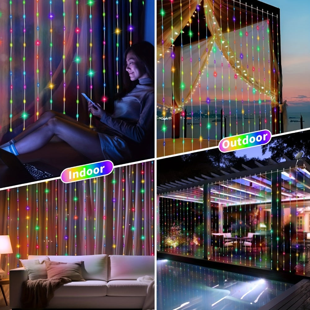 Outdoor String Lights, Solar Curtain Lights Outdoor 300 LED Waterfall Fairy String Lights, 1200mAh lithium rechargeable