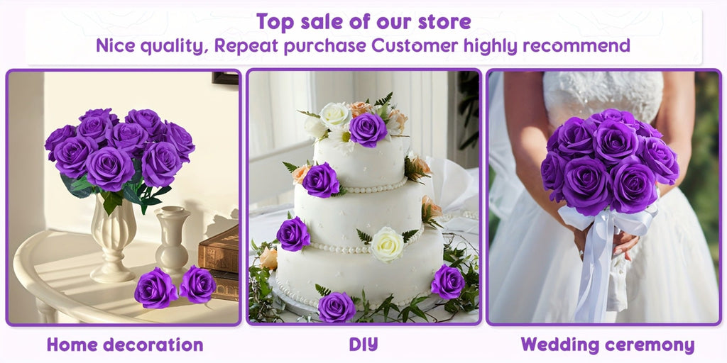 10pcs Artificial Silk Roses Bulk - Fake Flowers for Wedding Home Decor, 19.69" Long Stem, Deep Purple & Dark Green