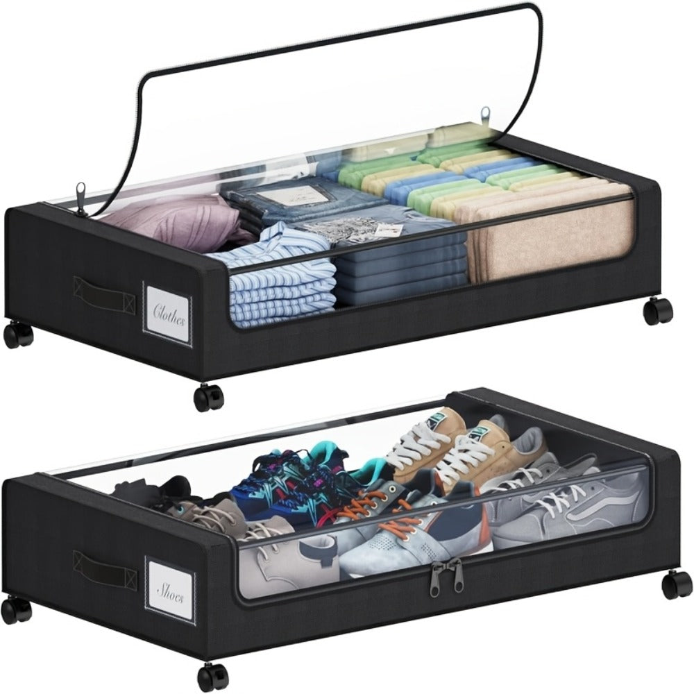 Foldable Under-Bed Organizer Bins with Wheels and Zippered Lids for Clothing and Bedding Storage, Storage Containers