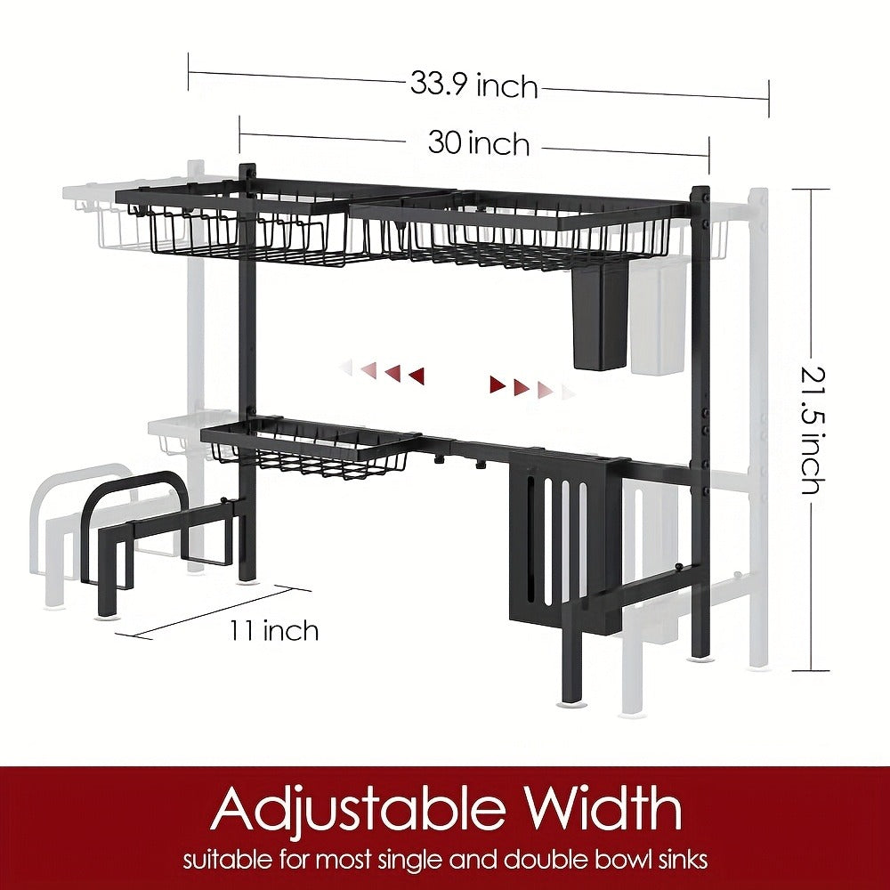 Over-the-Sink Dish Drying Rack, Adjustable Two-Tier 304 Stainless Steel Kitchen Organizer for 30 to 34-Inch Widths