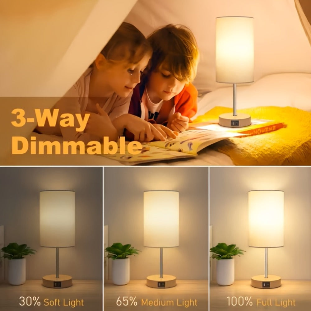 Table Lamp, Wood Base Round Burlap Shade, AC Outlet & A19 LED Bulb Included for Bedroom Living Room Office