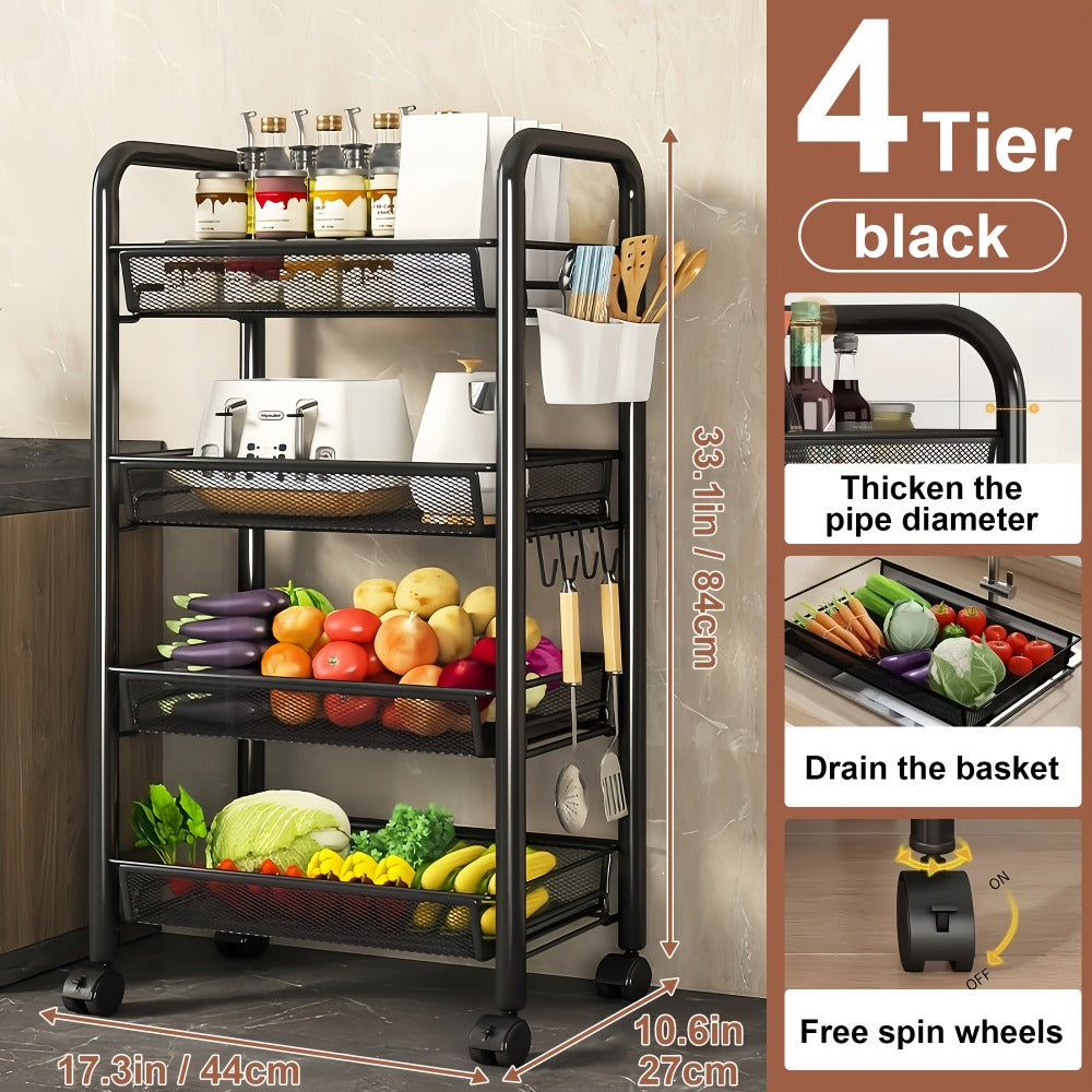 Storage Cart on Wheels in Carbon Steel for Kitchen and Bathroom (Space-Saving Detachable Shelving Unit)