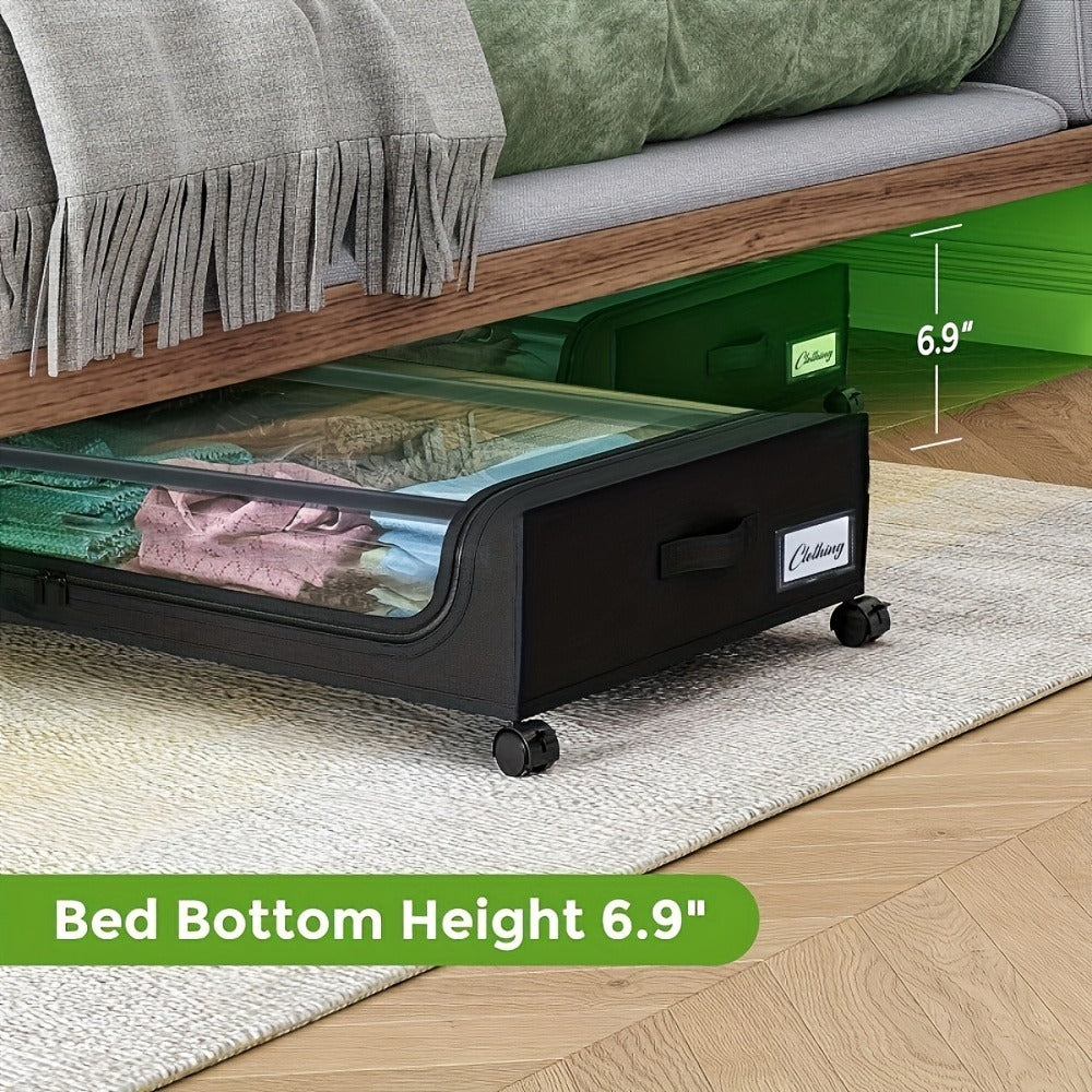 Foldable Under-Bed Organizer Bins with Wheels and Zippered Lids for Clothing and Bedding Storage, Storage Containers