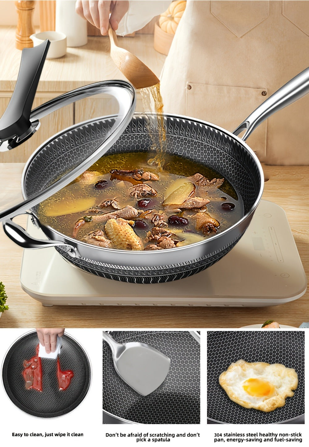 Non-Stick Stainless Steel Wok with Lid and Spatula, 13.3 Inch for Stir Fry