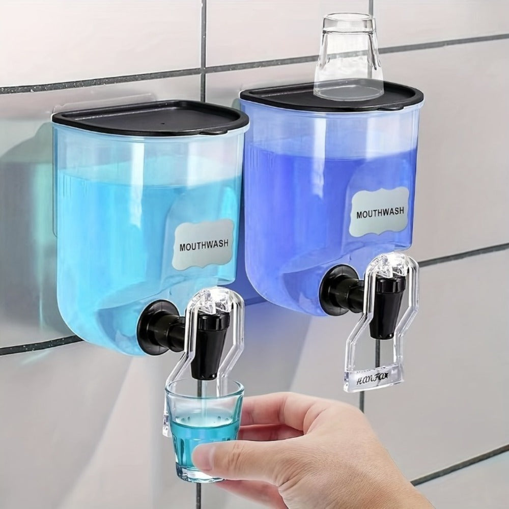 Mouthwash Dispenser with Wall Mounted 2-Pack 21 oz Plastic Container and Space Saving Bathroom Organizer for Countertop Storage