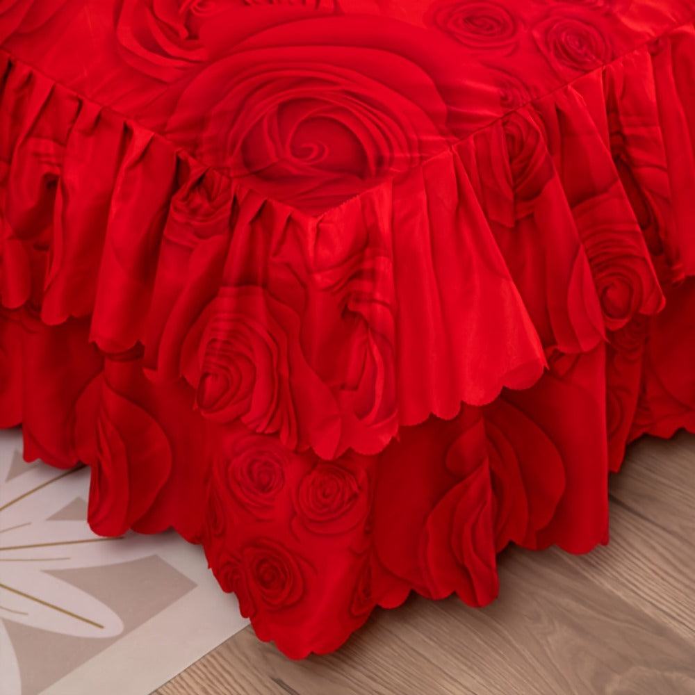 Floral Bed Skirt Set 3-Piece – 1 Ruffled Dust Ruffle Bed Skirt + 2 Pillowcases | Peony & Botanical Print | Double-Layer Hem | Machine Washable Polyester Bedding | 150, 180 & 200cm