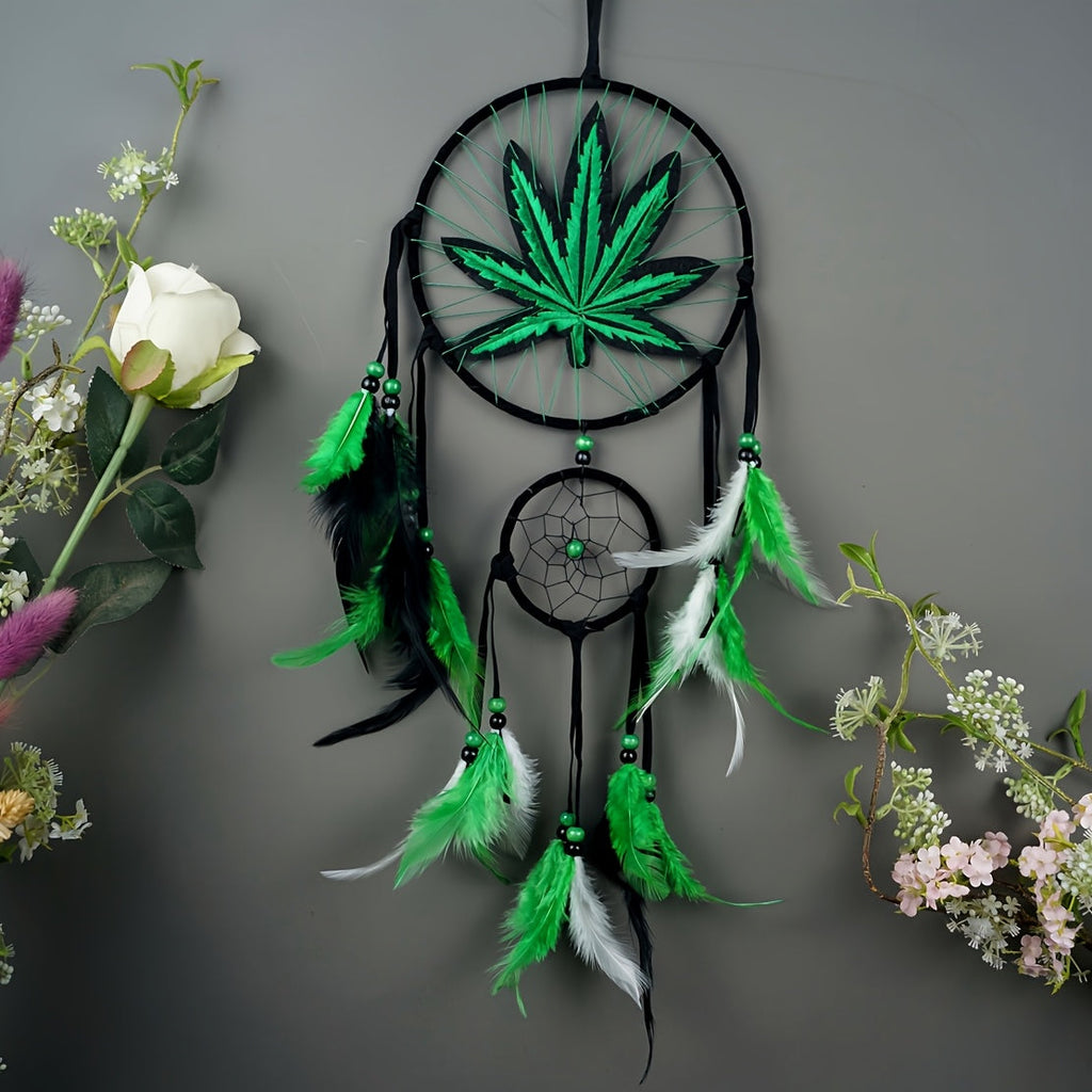 Bohemian Dream Catcher with Feathers & Leaf Embroidery – Boho Wall Hanging Decor for Bedroom, Bedside, Cabin & Living Room – Handcrafted Woven Dreamcatcher Gift for Women and Men