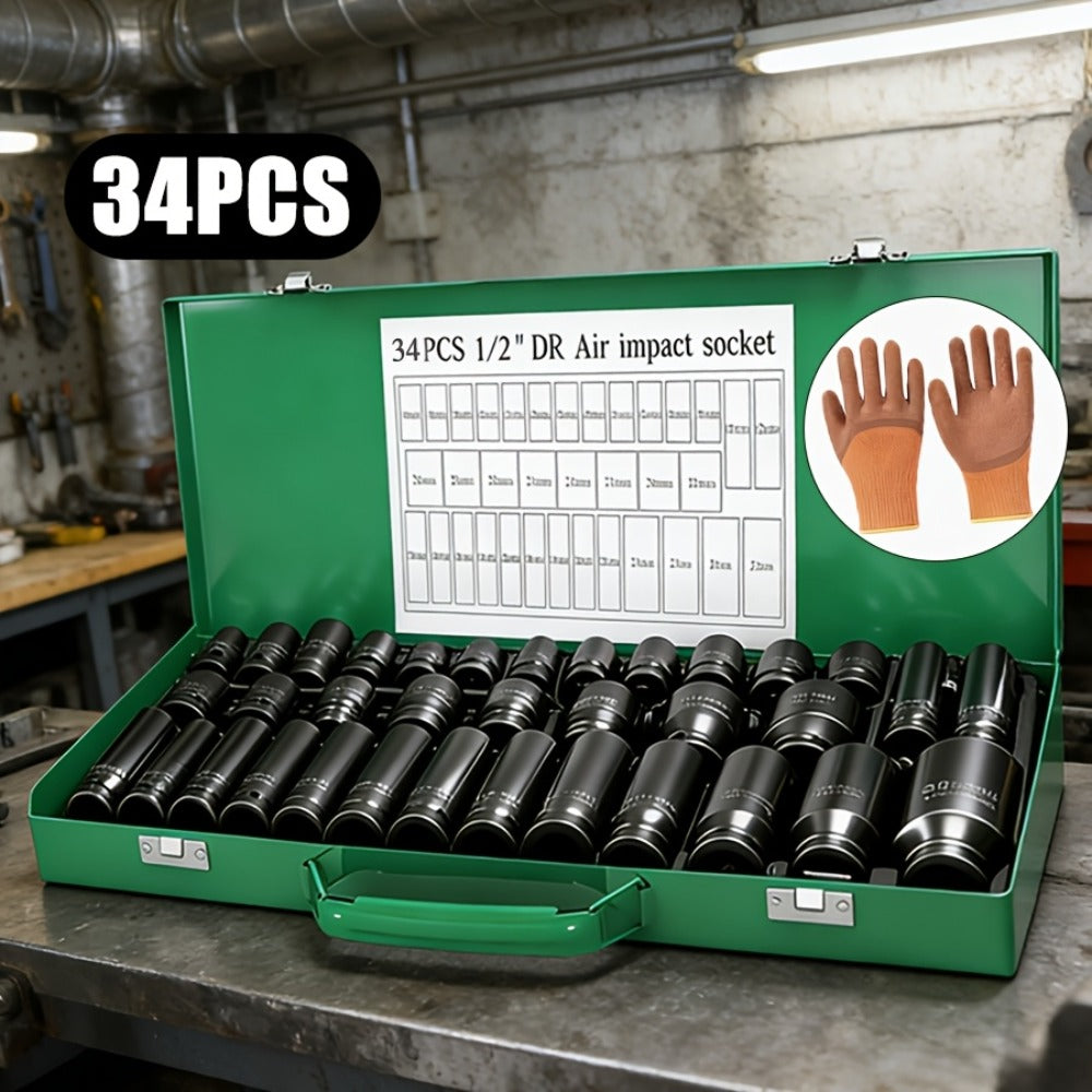 Impact Socket Set – 53-Piece Tool Set, 47-Piece 3/8" Drive & 34-Piece 1/2" Drive, SAE & Metric Sizes, 6-Point CR-V with Ratchet Handle, Extension Rod & Connector for Auto Repair & DIY