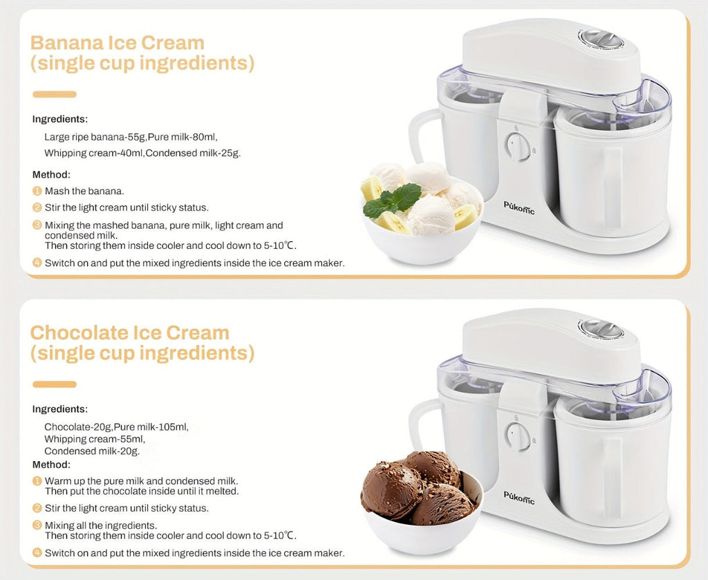 Ice Cream Maker Machine 33.81oz Dual Cup - Homemade Ice Cream, Frozen Yogurt & Fruit Smoothies, Detachable Easy-Clean Design, Electric Dessert Maker for Family & Kids, Perfect Christmas Gift