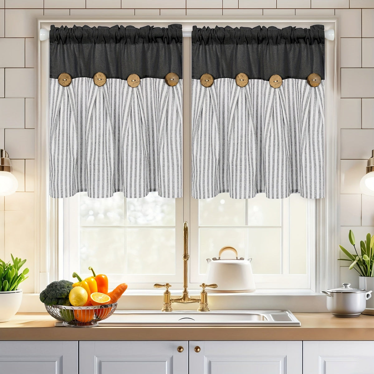 Semi Sheer Curtains Bohemian Linen Cotton Patchwork Grommet Top Window Drapes for Bedroom Living Room Kitchen Bathroom Cafe - Boho Country Cottage Style 4 Seasons 1 or 2 Panels