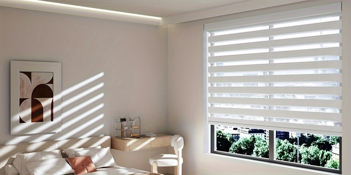 Cordless Zebra Roller Shade with Valance – Day Night Window Blind, Light Filtering Dual Layer Window Treatment Mesh Opaque Fabric