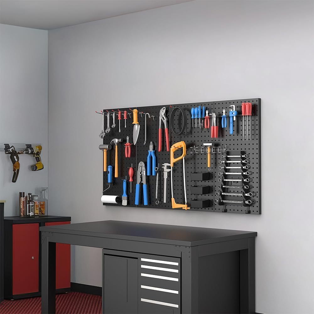 Pegboard Wall Panels in Heavy-Duty Steel, Two or Four-Pack Wall-Mounted Tool Organization for Garage Workshops