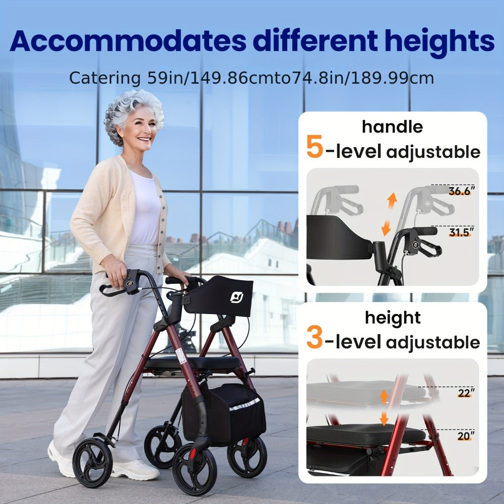Rollator Walkers For Seniors with Ergonomic Backrest and Dual Adjustable Height