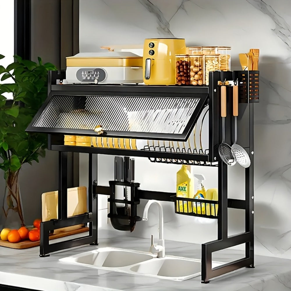 Dish Drying Rack, Multi-Layer Kitchen Countertop Organizer, Dust-Free Drainer for Plates Bowls Utensils