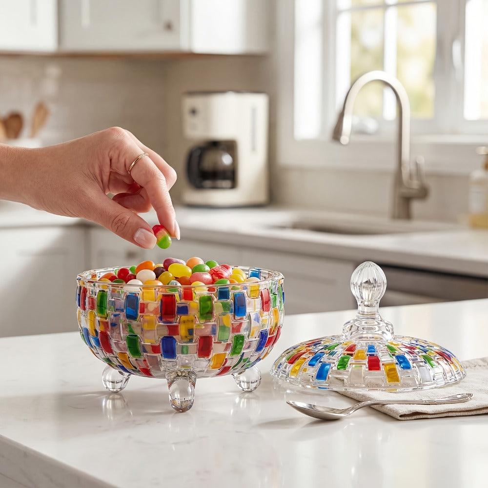 Crystal Glass Candy Dish with Lid and Tongs for Family and Friends