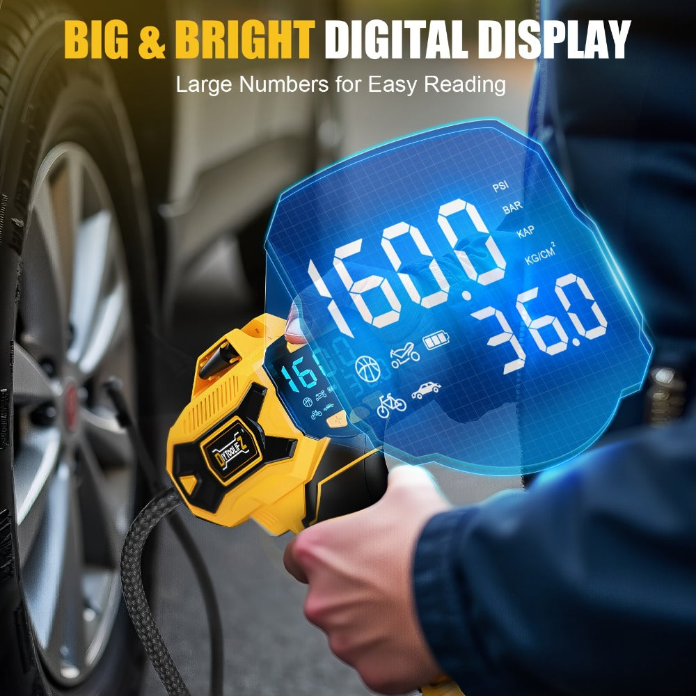 Tire Inflator, Cordless 160PSI Portable Air Compressor Compatible, DeWalt 20V / 18V Battery Digital Pressure Gauge