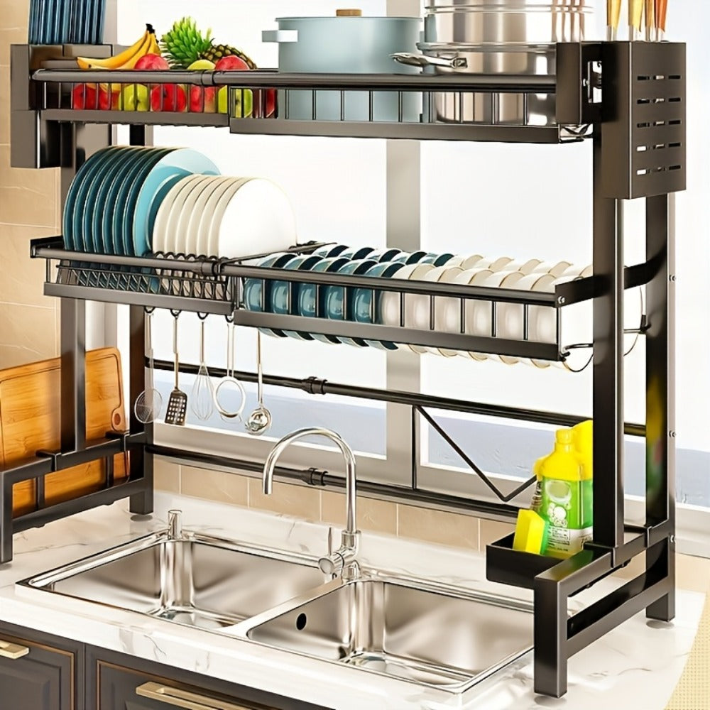 Over-the-Sink Dish Drying Rack, Adjustable Two-Tier 304 Stainless Steel Kitchen Organizer for 30 to 34-Inch Widths