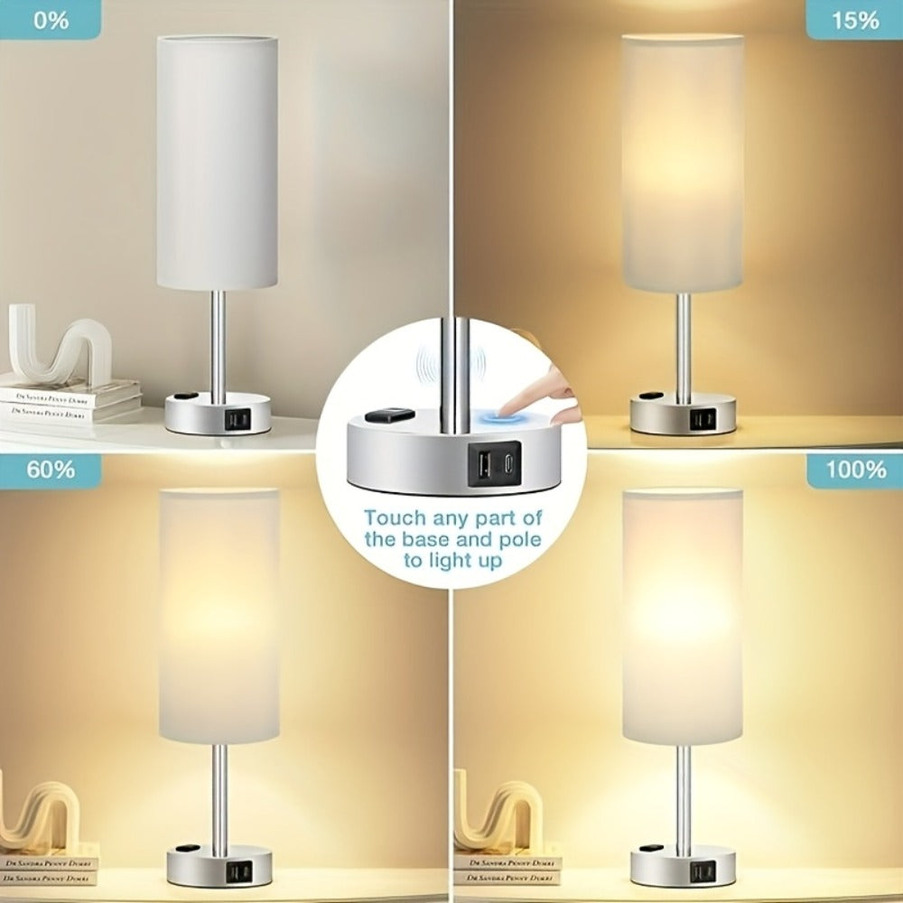 Table Lamp, Wood Base Round Burlap Shade, AC Outlet & A19 LED Bulb Included for Bedroom Living Room Office
