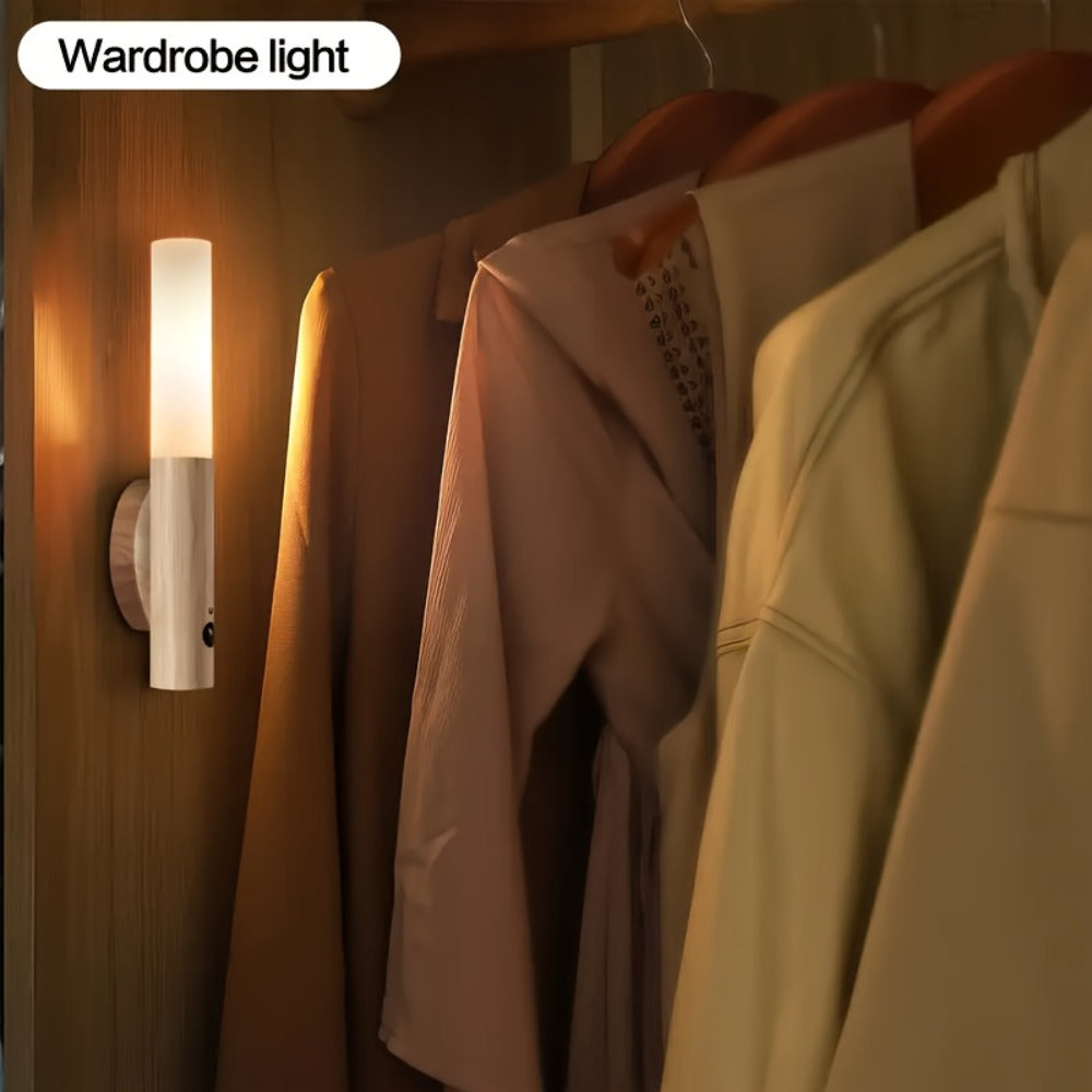 Motion Night Light, Rechargeable LED IPX4 Waterproof Wood Grain & Walnut Under Cabinet Step Lamp for Staircase