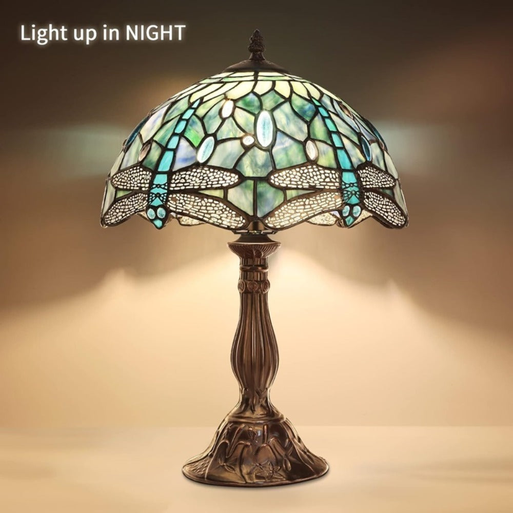 Table Lamp, Colorful Art Glass Shade, 18-Inch LED Night Light for Bedroom Nightstand Living Room Reading Desk Home Decor