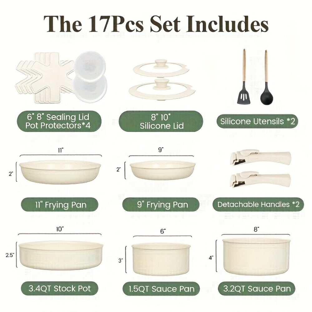 Nonstick Ceramic Cookware Set 17 Piece Pots and Pans with Removable Handles