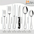 Stainless Steel Flatware Set with Steak Knives – 24/48 Piece Silverware Set Service for 4 or 8, Mirror Polished Cutlery, Dishwasher Safe, Silver & Black