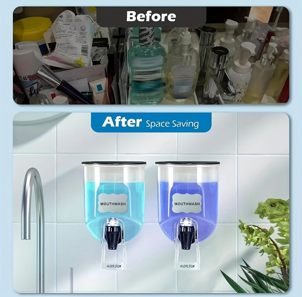 Mouthwash Dispenser with Wall Mounted 2-Pack 21 oz Plastic Container and Space Saving Bathroom Organizer for Countertop Storage