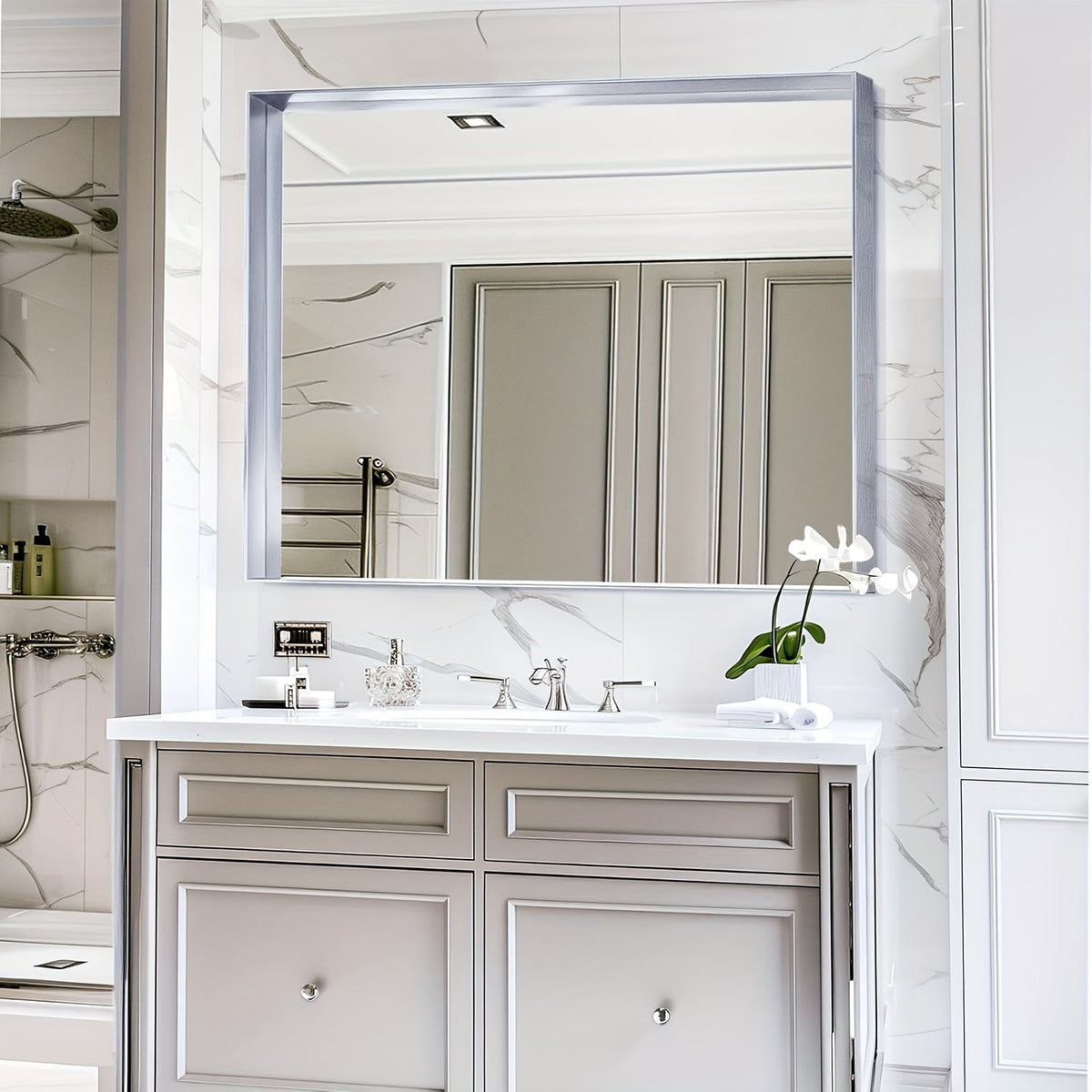 Bathroom Mirror with Rectangular Metal Frame, Horizontal or Vertical Wall Mounting in Three Finishes