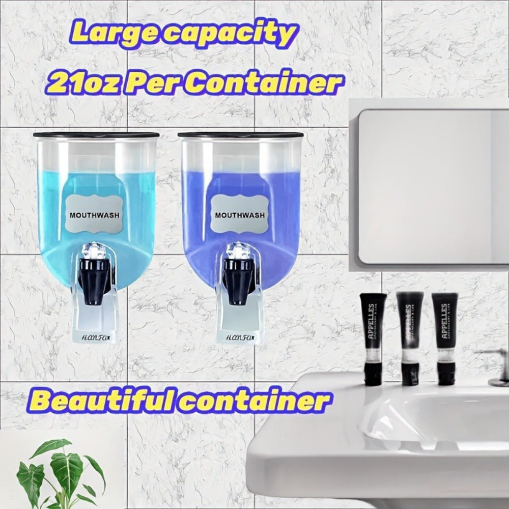 Mouthwash Dispenser with Wall Mounted 2-Pack 21 oz Plastic Container and Space Saving Bathroom Organizer for Countertop Storage