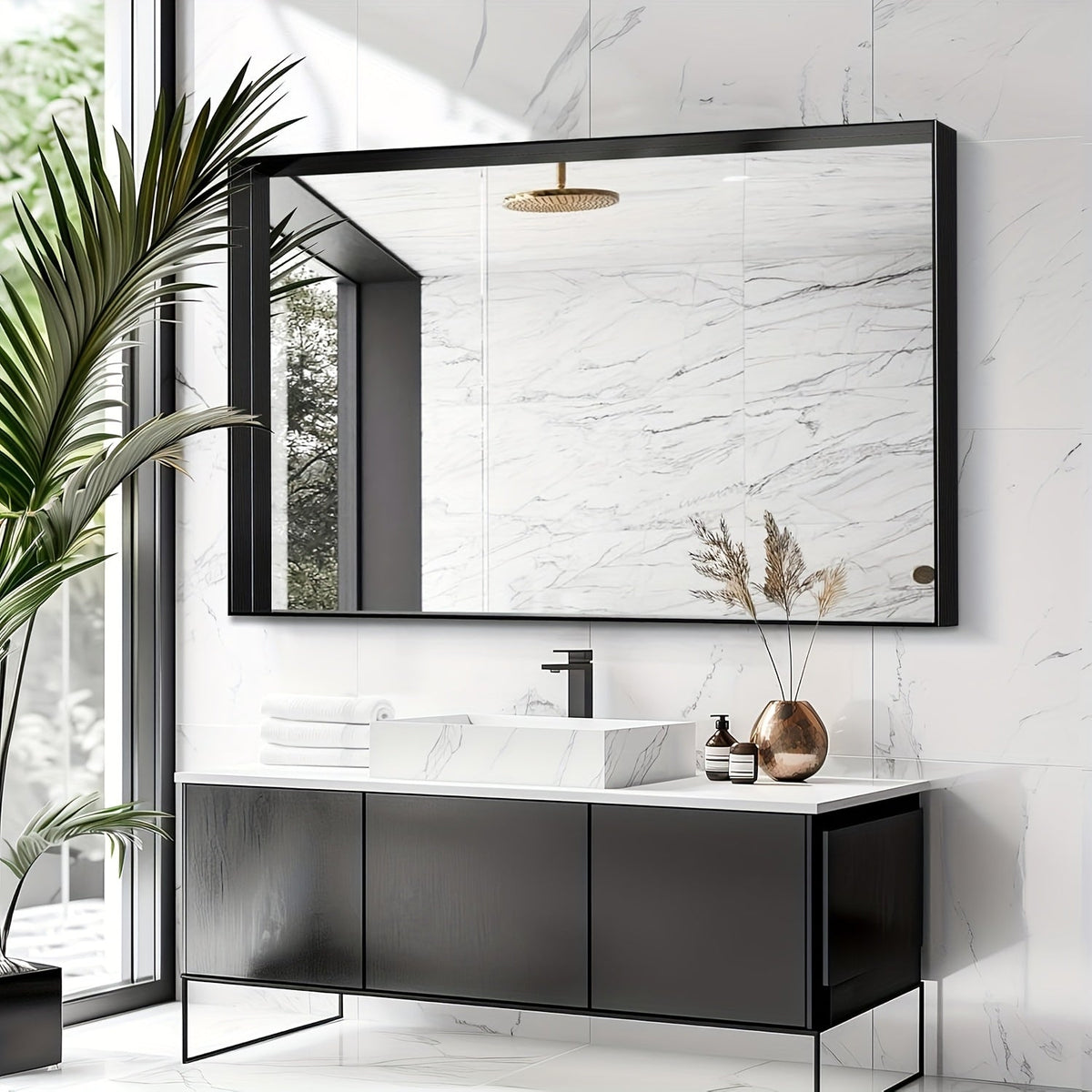 Bathroom Mirror with Rectangular Metal Frame, Horizontal or Vertical Wall Mounting in Three Finishes