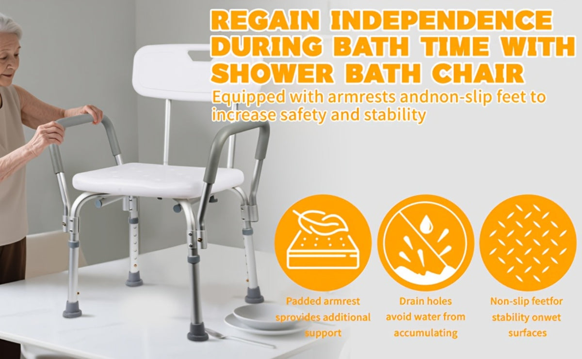 Shower Chair with Armrests & Backrest – Height Adjustable Aluminum Bath Seat, 350 LBS Capacity, Non-Slip Rubber Feet, Cushioned Support for Elderly, Disabled & Post-Surgery, Fits Most Showers & Tubs