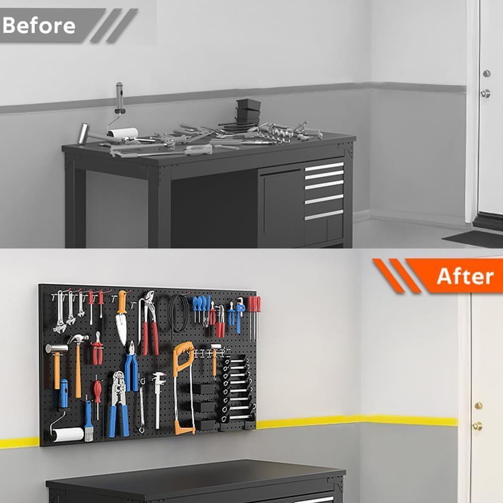 Pegboard Wall Panels in Heavy-Duty Steel, Two or Four-Pack Wall-Mounted Tool Organization for Garage Workshops