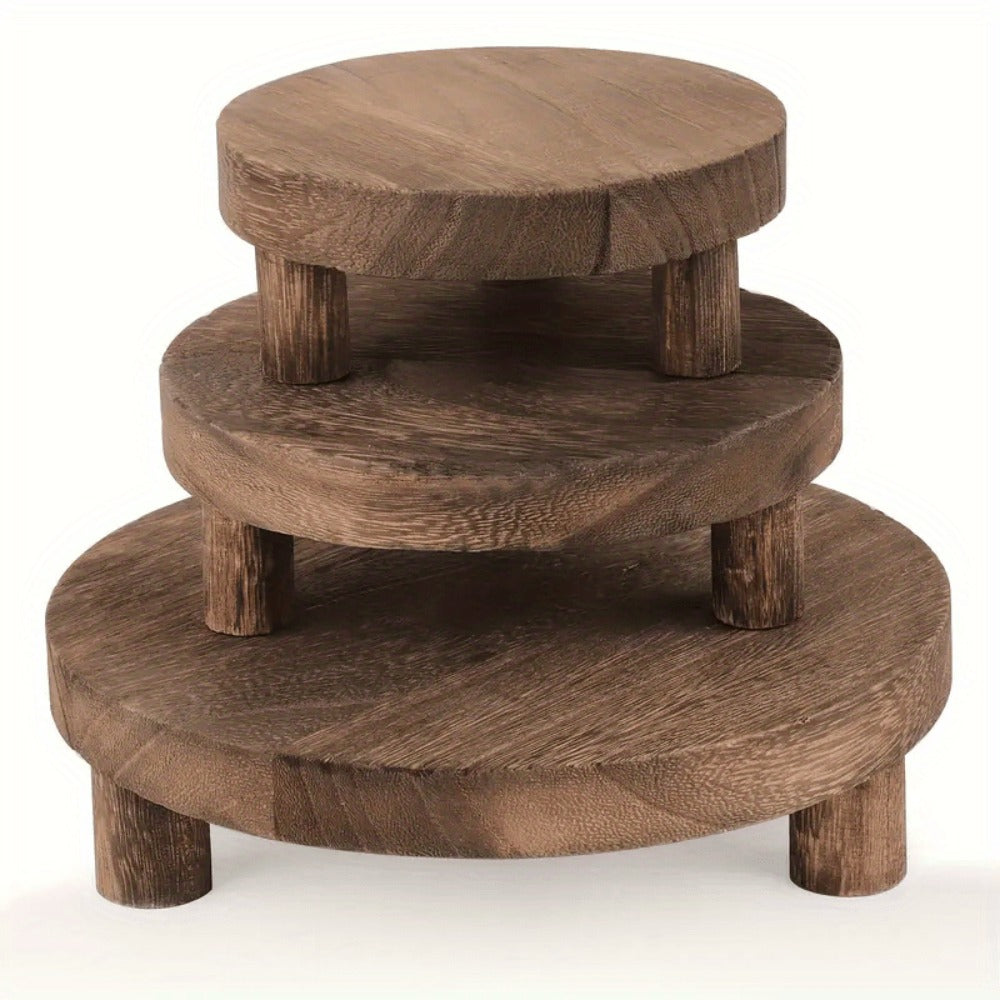 Wooden Display Risers Set of 3 – Rustic Farmhouse Cake Stand Pedestals for Kitchen Counter, Home Decor, Christmas & Holiday Table Centerpiece Organizer