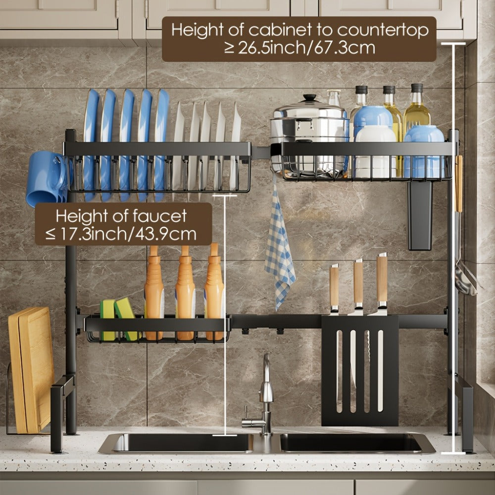 Over-the-Sink Dish Drying Rack, Adjustable Two-Tier 304 Stainless Steel Kitchen Organizer for 30 to 34-Inch Widths