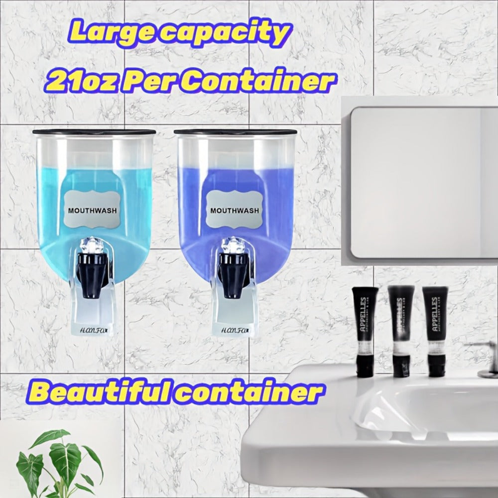 Mouthwash Dispenser with Wall Mounted 2-Pack 21 oz Plastic Container and Space Saving Bathroom Organizer for Countertop Storage