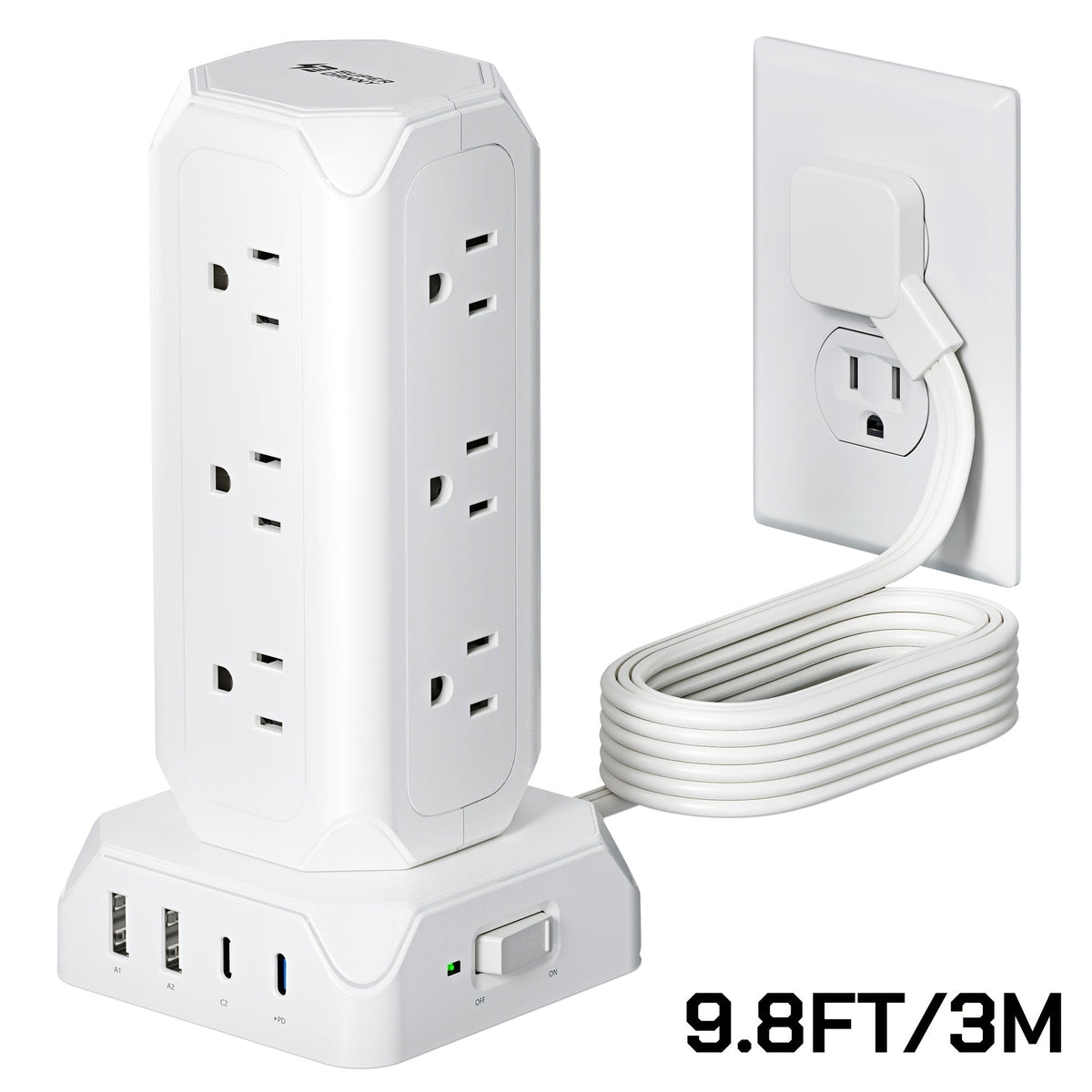 Power Strip Tower 16-in-1 Surge Protector 12 AC Outlets 4 USB Ports USB-C PD20W 1800J Protection Desktop Charging Station 10ft or 15ft Extension Cord for Office School Dorm White